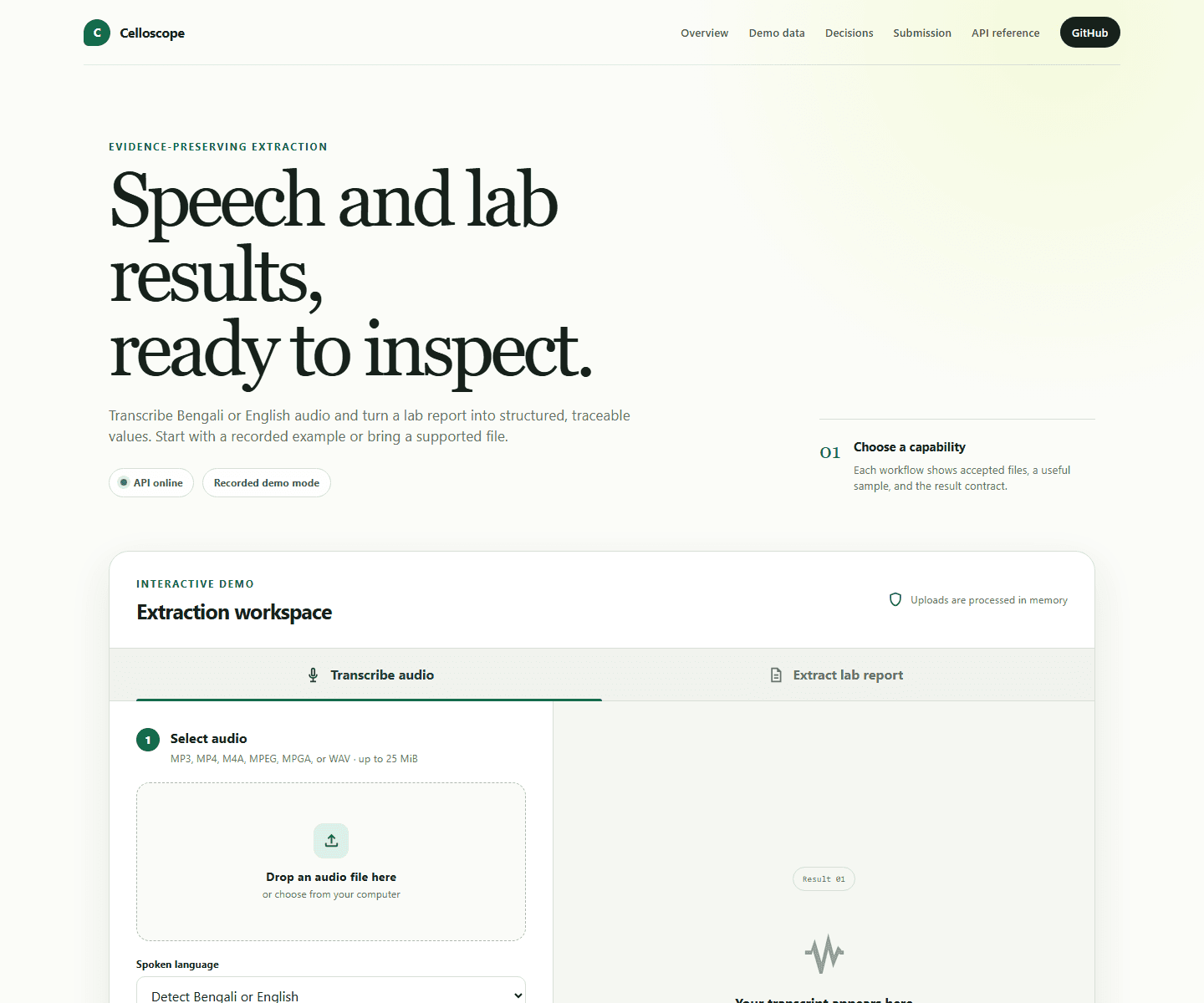 Celloscope browser workspace showing the transcription and laboratory-report extraction interface